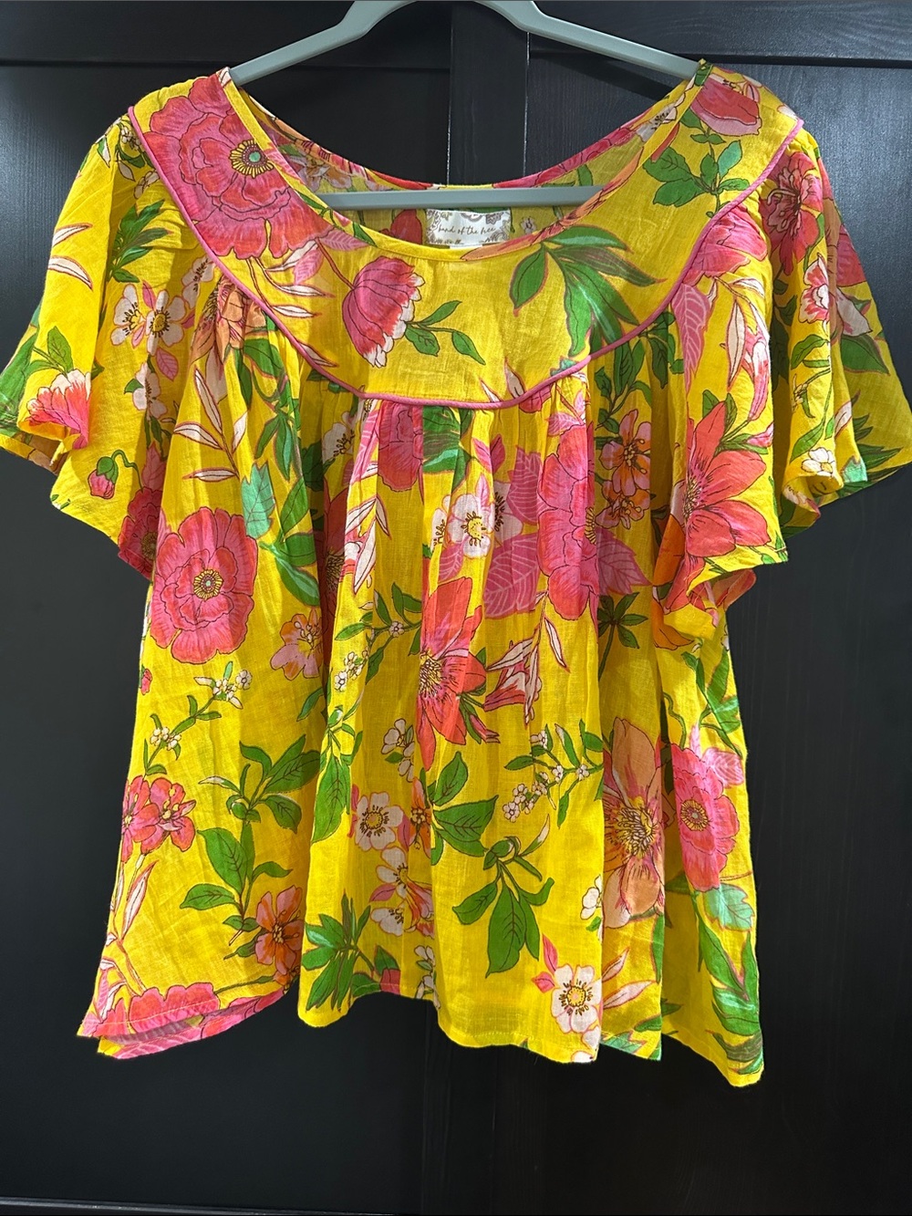 Yellow Floral Flutter-Sleeve Blouse with Pink Blooms
100% Cotton